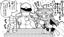 Rule 34 | 10s, 1boy, 1girl, @ @, admiral (kancolle), ahoge, commentary request, cup, detached sleeves, double bun, faceless, faceless male, flying sweatdrops, greyscale, hair bun, hat, herada mitsuru, kantai collection, kongou (kancolle), long hair, md5 mismatch, military, military uniform, monochrome, open mouth, peaked cap, pleated skirt, resized, short hair, skirt, teacup, teapot, tears, translation request, uniform, wavy mouth, wide sleeves
