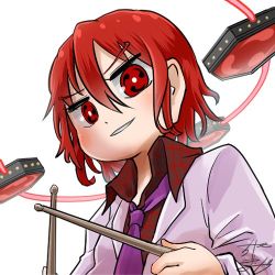 Rule 34 | 1girl, profile picture, chamaji, commentary, drum, drumsticks, hair between eyes, holding, holding drumsticks, horikawa raiko, instrument, jacket, looking at viewer, lowres, mitsudomoe (shape), necktie, plaid, plaid shirt, purple necktie, red eyes, red hair, shirt, short hair, sidelocks, signature, solo, suit jacket, tomoe (symbol), touhou, upper body, white background, white jacket
