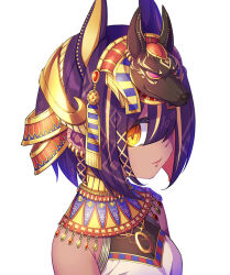 Rule 34 | 1girl, animal ears, ankh, blonde hair, breasts, colored inner hair, commentary request, dark-skinned female, dark skin, edamame senpai, egyptian, egyptian clothes, gem, gold, hair ornament, hair over one eye, jackal ears, looking at viewer, multicolored hair, original, patterned hair, purple hair, small breasts, solo, streaked hair, two-tone hair, usekh collar, white background, yellow eyes