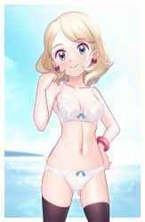 Rule 34 | 1girl, black thighhighs, blonde hair, blue eyes, blush, border, bow, bow panties, bra, bracelet, breasts, cameltoe, closed mouth, collarbone, cowboy shot, creatures (company), day, earrings, eyelashes, game freak, gazing eye, gluteal fold, hand on own hip, hand up, highres, jewelry, looking at viewer, medium hair, nintendo, outdoors, panties, pokemon, pokemon (anime), pokemon journeys, pokemon swsh105, serena (pokemon), shiny clothes, sky, smile, solo, sparkle, swept bangs, thighhighs, underwear, white border, white bra, white panties