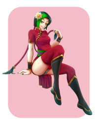 Rule 34 | 1girl, absurdres, black hair, boots, breasts, chinese clothes, flower, green eyes, green hair, grin, hair flower, hair ornament, highres, jinx (league of legends), league of legends, lipstick, looking at viewer, makeup, matching hair/eyes, multicolored hair, panties, smile, solo, thighhighs, twintails, underwear