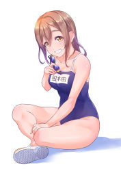 Rule 34 | 1girl, bell, blue one-piece swimsuit, breasts, brown hair, character name, cleavage, collarbone, competition school swimsuit, crossed legs, from side, full body, goggles, unworn goggles, grin, hair bell, hair ornament, hand on own leg, highres, holding, holding goggles, kanabun, kunikida hanamaru, long hair, looking at viewer, love live!, love live! sunshine!!, medium breasts, name tag, one-piece swimsuit, parted bangs, school swimsuit, shoes, sitting, slit pupils, smile, sneakers, solo, swimsuit, thighs, white background, yellow eyes