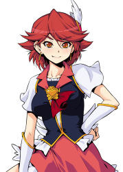 Rule 34 | 10s, 1girl, brooch, cure southern cross, earrings, hair ornament, hairpin, hand on own hip, happinesscharge precure!, heart, heart brooch, jewelry, kazuma muramasa, magical girl, orange eyes, precure, red hair, red skirt, short hair, skirt, smile, solo, white background