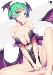 Rule 34 | 1girl, :o, alternate hair length, alternate hairstyle, bare legs, bare shoulders, barefoot, bat wings, bob cut, boots, breasts, bridal gauntlets, cleavage, closed mouth, clothing cutout, commentary, demon girl, elbow gloves, gloves, green eyes, green hair, head wings, heart cutout, hong (white spider), indian style, large breasts, leotard, morrigan aensland, short hair, sitting, solo, vampire (game), wings