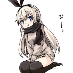 Rule 34 | 10s, 1girl, :t, alternate costume, black thighhighs, blonde hair, blue eyes, blush, casual, darkside, hairband, kantai collection, long hair, looking at viewer, pout, scarf, shimakaze (kancolle), simple background, sketch, solo, sweater, thighhighs, white background, zettai ryouiki