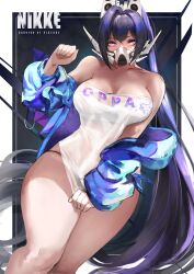 Rule 34 | 1girl, absurdres, bikini, bikini under clothes, black hair, breasts, cleavage, clothes writing, collarbone, copyright name, covering privates, covering crotch, goddess of victory: nikke, hair between eyes, headgear, high ponytail, highres, jacket, large breasts, long hair, looking at viewer, mask, mouth mask, off shoulder, open clothes, open jacket, purple eyes, purple jacket, see-through, see-through shirt, shirt, sin (nikke), solo, standing, strapless, swimsuit, thick thighs, thighs, tube top, very long hair, wide hips, yujieai