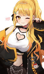 Rule 34 | 1girl, ;3, absurdres, ahoge, black collar, black jacket, black skirt, blonde hair, braid, breasts, chest belt, cleavage, cleavage cutout, clothing cutout, collar, crop top, fang, groin, hair ornament, hairclip, heart cutout, high ponytail, highres, hololive, jacket, large breasts, long hair, looking at viewer, mashiro io, midriff, official alternate costume, official alternate hair length, official alternate hairstyle, one eye closed, open clothes, open jacket, side braid, sidelocks, simple background, single bare shoulder, skin fang, skirt, solo, streetwear, swept bangs, tank top, underbust, virtual youtuber, white background, white tank top, wide ponytail, yellow eyes, yozora mel, yozora mel (streetwear)