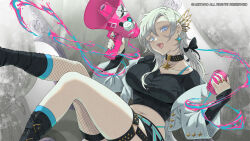 Rule 34 | 1girl, black bow, black footwear, blue eyes, boots, bow, breasts, collarbone, commentary, cropped jacket, earrings, english commentary, fishnets, hair bow, highres, jacket, jewelry, knees up, large breasts, liora walkyria, long hair, microphone, navel, official art, open clothes, open jacket, open mouth, ring, shirt, single thighhigh, smile, solo, speaker, teeth, thighhighs, v&amp;u entertainment, vinhnyu, virtual youtuber, white hair