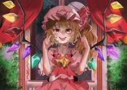 Rule 34 | 1girl, absurdres, andreanochandr1, ascot, blonde hair, crystal wings, fang, flandre scarlet, frills, hair ribbon, hand up, hat, highres, indoors, mob cap, open mouth, puffy short sleeves, puffy sleeves, red eyes, red ribbon, ribbon, short sleeves, side ponytail, solo, teeth, touhou, upper body, upper teeth only, yellow ascot