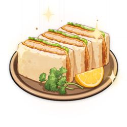Rule 34 | artist request, bread, commentary, english commentary, flower, food, food focus, fruit, game cg, genshin impact, leaf, lemon, lemon slice, lettuce, lowres, meat, no humans, official art, parsley, plate, raw fish, sandwich, sliced meat, still life, third-party source, tonkatsu, transparent background