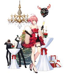Rule 34 | 1girl, 2boys, absurdres, ahoge, alpha transparency, alternate costume, antlers, bare shoulders, black gloves, black pants, blonde hair, bottle, box, breasts, brown hair, candle, candlestand, chandelier, christmas, christmas tree, cleavage, collarbone, counter:side, cup, drinking, drinking glass, earrings, elbow gloves, floating, floating object, formal, full body, gift, gift box, gloves, green eyes, high heels, highres, horns, jake walker, jewelry, kyle wong, multiple boys, necklace, official alternate costume, official art, pants, pink hair, reindeer antlers, sylvia lena cooper, table, thigh strap, transparent background, wine bottle, wine glass