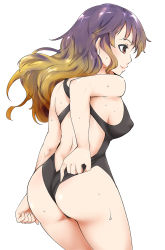 Rule 34 | 1girl, adjusting clothes, adjusting swimsuit, ass, back, black one-piece swimsuit, blonde hair, breasts, brown eyes, competition swimsuit, covered erect nipples, fujiwara shun&#039;ichi, gradient hair, highres, hijiri byakuren, long hair, multicolored hair, one-piece swimsuit, one-piece thong, purple hair, sideboob, simple background, solo, swimsuit, touhou, wet