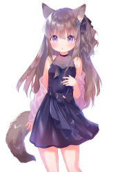 Rule 34 | 1girl, :o, animal ears, bare shoulders, black dress, blush, bow, commentary request, cowboy shot, dress, glitter, grey hair, hair ornament, hair ribbon, highres, long hair, looking at viewer, mutou mato, necktie, one side up, open mouth, original, purple eyes, ribbon, simple background, sleeveless, sleeveless dress, solo, tail, waist bow, white background