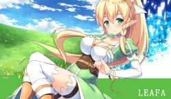 Rule 34 | 10s, 1girl, blonde hair, boots, braid, breasts, character name, cleavage, elf, fairy wings, green eyes, iroha (unyun), large breasts, leafa, long hair, pointy ears, ponytail, side braid, solo, sword art online, thighhighs, twin braids, wings