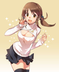 Rule 34 | 10s, 1girl, :d, black skirt, black thighhighs, breasts, brown eyes, brown hair, cleavage, cleavage cutout, clothing cutout, idolmaster, idolmaster cinderella girls, large breasts, meme attire, open-chest sweater, open mouth, ribbed sweater, short hair, skirt, smile, solo, sweater, thighhighs, totoki airi, turtleneck, twintails, wm (chawoo1357), zettai ryouiki