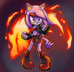 Rule 34 | animal ears, belt, black gloves, black jacket, blaze fielding, blaze the cat, cat ears, cat girl, cat tail, clenched hands, crossover, eyelashes, fingerless gloves, fire, forehead jewel, furry, furry female, gloves, highres, jacket, jamoart, looking at viewer, loose belt, miniskirt, open clothes, open jacket, purple fur, red footwear, red skirt, red tube top, sega, skirt, sonic (series), strapless, streets of rage, streets of rage 4, tail, tube top, yellow eyes
