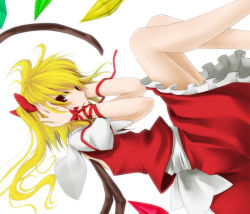 Rule 34 | 1girl, bad id, bad pixiv id, blonde hair, bow, covering own ears, din (artist), din (flypaper), female focus, flandre scarlet, hair bow, highres, red eyes, ribbon, solo, touhou, wings
