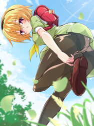 Rule 34 | 1girl, 3105lave, ass, backpack, bag, bag charm, blonde hair, blurry, blush, brown footwear, cameltoe, charm (object), cleft of venus, cloud, commentary request, day, depth of field, dress, dutch angle, from below, full body, grass, green dress, hair between eyes, hairband, highres, higurashi no naku koro ni, houjou satoko, leg up, loafers, looking at viewer, looking back, neckerchief, open mouth, outdoors, panties, pantyhose, petals, pink eyes, purple eyes, randoseru, sailor collar, school bag, school uniform, shoes, short hair, short sleeves, skirt, sky, solo, standing, standing on one leg, thighband pantyhose, underwear, white panties, yellow neckerchief