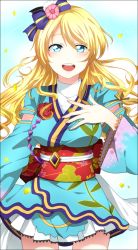 Rule 34 | 10s, 1girl, :d, angelic angel, ayase eli, blonde hair, blue eyes, border, detached sleeves, hand on own chest, japanese clothes, kimono, koutakunnohito, long hair, looking at viewer, love live!, love live! school idol project, love live! the school idol movie, open mouth, smile, solo, turtleneck