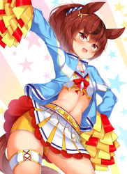 Rule 34 | 1girl, :d, animal ears, arm up, blue jacket, blush, brown eyes, brown hair, commentary request, cowboy shot, crop top, daichi (tokoya), hair between eyes, highres, holding, holding pom poms, horse ears, jacket, long sleeves, looking at viewer, midriff, miniskirt, navel, nice nature (run&amp;win) (umamusume), nice nature (umamusume), open clothes, open jacket, open mouth, pom pom (cheerleading), pom poms, shirt, short hair, short shorts, shorts, shorts under skirt, skirt, smile, solo, standing, star (symbol), stomach, tail, thigh strap, thighs, umamusume, white background, white shirt, white skirt, yellow shorts