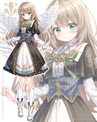Rule 34 | 1girl, absurdres, angel, angel wings, belt, black belt, black capelet, blonde hair, blush, boots, brooch, capelet, center frills, closed mouth, collared shirt, emblem, english text, fleur-de-lis, frilled skirt, frills, full body, green eyes, heart, highres, jewelry, kneehighs, long hair, long sleeves, looking at viewer, original, puffy sleeves, school uniform, shirt, simple background, skirt, smile, socks, twitter username, tyutaka0427, white background, white footwear, white shirt, white skirt, white socks, winged footwear, wings, zoom layer