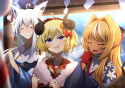 Rule 34 | 3girls, a passing phantom, absurdres, ahoge, animal ears, artist name, blonde hair, blush, closed eyes, commentary request, drooling, earrings, floral print, fox ears, fox tail, gloves, hair between eyes, hair intakes, hair ornament, highres, hololive, horns, japanese clothes, jewelry, kimono, long hair, looking at viewer, multicolored hair, multiple girls, open mouth, own hands together, pointy ears, praying, purple eyes, purple kimono, red gloves, red kimono, sheep girl, sheep horns, shirakami fubuki, shirakami fubuki (new year), shiranui flare, shiranui flare (new year), short hair, shrine, streaked hair, tail, tsunomaki watame, tsunomaki watame (new year), virtual youtuber, white hair, white kimono