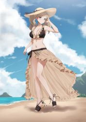 Rule 34 | 1girl, absurdres, alternate costume, bare legs, beach, bikini, black bikini, blonde hair, blue eyes, breasts, cleavage, cosplay, crossover, dhokidoki, fire emblem, fire emblem: three houses, fire emblem heroes, full body, hat, high heels, highres, large breasts, looking at viewer, mercedes von martritz, mercedes von martritz (cosplay), nail polish, nintendo, ocean, persona, persona 5, sand, sandals, sarong, see-through, sky, solo, straw hat, sun hat, swimsuit, takamaki anne, toes, twintails