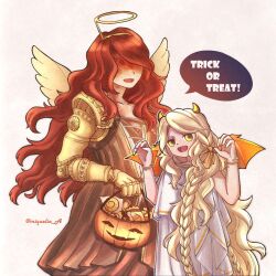 Rule 34 | 1boy, 1girl, angel wings, artist name, blonde hair, bow, bowtie, bracelet, braid, brother and sister, candy, demon wings, dot nose, dress, elden ring, english text, fake halo, fake horns, fake wings, food, halloween costume, halo, highres, horns, jack-o&#039;-lantern, jewelry, long hair, malenia blade of miquella, miqueliafantasia, miquella (elden ring), open mouth, prosthesis, prosthetic arm, red hair, siblings, simple background, speech bubble, swept bangs, twitter username, white background, white dress, wings, yellow bow, yellow bowtie, yellow eyes