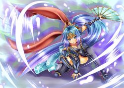 Rule 34 | 1girl, armor, black thighhighs, blue eyes, blue hair, bow, breasts, cleavage, folding fan, gauntlets, greaves, hand fan, hatsume (p&amp;d), headgear, long hair, matching hair/eyes, ninja, ponytail, puzzle &amp; dragons, red bow, red scarf, ryuu (blackdeeno), sash, scarf, solo, thighhighs, thighs, very long hair