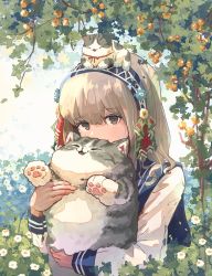 Rule 34 | 1girl, :d, animal, animal on head, blonde hair, blue hairband, blue sailor collar, blunt bangs, branch, bright pupils, brown eyes, bush, cat, cat on head, closed eyes, commentary request, flower, fluffy, foliage, grey cat, hair ornament, hairband, headwear request, highres, holding, holding animal, holding cat, long sleeves, looking at viewer, medium hair, oimo imoo, on head, open mouth, orange flower, original, red ribbon, ribbon, sailor collar, smile, solo, tree, upper body, white flower, white pupils, | |
