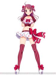 Rule 34 | 1girl, ahoge, blush, bow, braid, breasts, choker, cleavage, crop top, crossed arms, elbow gloves, gloves, hair bow, idol, looking at viewer, midriff, navel, official art, pink bow, pink eyes, pink hair, puffy short sleeves, puffy sleeves, red gloves, short sleeves, simple background, skirt, smile, solo, striped clothes, striped thighhighs, takano karen, thighhighs, twin braids, venus project, vertical-striped clothes, vertical-striped thighhighs, white background, white skirt