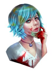 Rule 34 | 1girl, blood, blood on face, blood on clothes, blood on hands, blue eyes, blue hair, choker, commentary, earth-chan, gery naidenova, green hair, jewelry, lips, long hair, mask, mouth mask, multicolored hair, nasa, nose, original, pendant, portrait, shirt, short hair, simple background, solo, surgical mask, two-tone hair, white background, white shirt