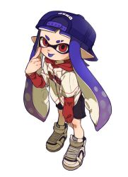Rule 34 | 1girl, :p, backwards hat, baseball cap, black shorts, blue hair, blue hat, commentary request, eyebrow cut, full body, gradient hair, hat, ikki (gsl 9708), inkling, inkling girl, inkling player character, korean commentary, long hair, looking at viewer, multicolored hair, nintendo, pointy ears, purple hair, red eyes, shoes, shorts, simple background, sleeves past wrists, solo, splatoon (series), standing, tentacle hair, thick eyebrows, tongue, tongue out, two-tone hair, white background, white footwear