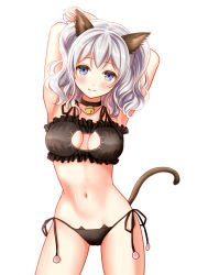 Rule 34 | 10s, 1girl, animal ears, arms behind head, bad id, bad pixiv id, bell, black panties, blue eyes, blush, breasts, cat cutout, cat ear panties, cat ears, cat lingerie, cat tail, choker, cleavage, cleavage cutout, clothing cutout, jingle bell, kantai collection, kashima (kancolle), kemonomimi mode, kurage1, meme attire, navel, neck bell, panties, short hair, side-tie panties, silver hair, simple background, smile, solo, tail, twintails, underwear, white background