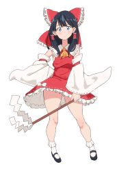 Rule 34 | absurdres, arigiep, bad id, bad pixiv id, black hair, blue eyes, bobby socks, bow, chihaya (clothing), cosplay, detached sleeves, dress, frilled skirt, frills, gridman universe, hair bow, hair ornament, hakama, hakama skirt, hakurei reimu, hakurei reimu (cosplay), hand on own hip, highres, japanese clothes, long hair, miko, necktie, nontraditional miko, red dress, ribbon, simple background, skirt, socks, solo, ssss.gridman, stick, takarada rikka, thick thighs, thighs, touhou, white background, white socks
