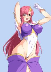 Rule 34 | 1girl, arms up, blue eyes, breasts, cameltoe, covered erect nipples, covered navel, gundam, gundam seed, gundam seed destiny, hair ornament, highleg, highleg leotard, highres, impossible clothes, impossible leotard, large breasts, leotard, long hair, looking at viewer, meer campbell, nikomiudon 06, pink hair, purple leotard, shiny clothes, shiny skin, simple background, skin tight, smile, solo, standing, star (symbol), star hair ornament