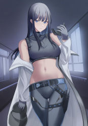 Rule 34 | 1girl, absurdres, bare shoulders, black hat, blue archive, breasts, buckle, commentary, cowboy shot, groin, hat, highres, indoors, knife sheath, large breasts, looking at viewer, mask, midriff, navel, parted lips, ref (pmxt4483), saori (blue archive), sheath, snap-fit buckle, solo, standing, unworn hat, unworn headwear, unworn mask