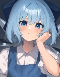 Rule 34 | 1girl, absurdres, blue eyes, blue hair, blue ribbon, cirno, closed mouth, collared shirt, commentary request, hair ribbon, hand on own head, highres, ice, ice wings, light frown, portrait, puffy short sleeves, puffy sleeves, qwas69, ribbon, shirt, short hair, short sleeves, solo, touhou, white shirt, wings