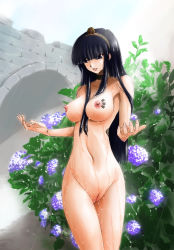 Rule 34 | 1girl, android, black eyes, black hair, breasts, choker, cyborg, flower, fuchida kyou, hydrangea, large breasts, long hair, nipples, nude, outdoors, pussy, rain, snail, solo, standing, tagme, uncensored, wet, zenra