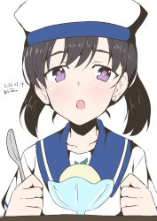 Rule 34 | 1girl, artist name, black hair, blue sailor collar, dated, dress, food, hat, highres, ice cream, kantai collection, one-hour drawing challenge, open mouth, purple eyes, sailor collar, sailor dress, sailor hat, short hair, short sleeves, shounan (kancolle), simple background, solo, spoon, taira yuuki, twintails, upper body, white background, white dress, white hat