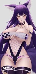 Rule 34 | 1girl, absurdres, ahoge, alternate costume, animal ears, azur lane, breasts, character name, copyright name, cowboy shot, facial mark, fishnets, grey background, hand to own mouth, highres, jewelry, large breasts, long hair, magatama, magatama necklace, musashi (azur lane), nail polish, nanako94418108, navel, necklace, panties, panties under leotard, panty straps, pink panties, pubic tattoo, purple hair, purple nails, race queen, revealing clothes, saliva, simple background, solo, string panties, tattoo, thigh gap, underwear, very long hair, whisker markings, yellow eyes