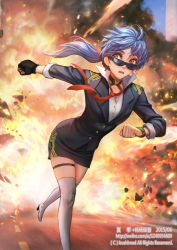 Rule 34 | 10s, 1girl, blue hair, boots, breasts, brown eyes, cardfight!! vanguard, choker, cleavage, commentary request, explosion, fleeing, gloves, looking over eyewear, low ponytail, miniskirt, necktie, popped collar, running, single glove, skirt, sleeves rolled up, small breasts, solo, sunglasses, thigh boots, thighhighs, uniform, watermark, web address, white footwear, white thighhighs, wristband, xiaji