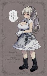 Rule 34 | 1girl, armpit cutout, black footwear, breasts, brown eyes, character name, cleavage, cleavage cutout, clothing cutout, conte di cavour (kancolle), conte di cavour nuovo (kancolle), dress, frilled dress, frills, full body, gloves, grey dress, grey hair, highres, kantai collection, large breasts, long hair, looking at viewer, oso (toolate), solo, steepled fingers, two-tone dress, two side up, white dress, white gloves