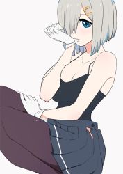 Rule 34 | 1girl, adjusting clothes, adjusting gloves, black pantyhose, blue eyes, breasts, camisole, cleavage, dutch angle, gloves, grey background, grey hair, hair ornament, hair over one eye, hairclip, hamakaze (kancolle), hand on own thigh, kantai collection, large breasts, mouth hold, open fly, pantyhose, pleated skirt, short hair, simple background, sitting, skirt, sohin, solo, white gloves