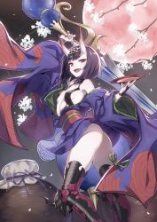 Rule 34 | 1girl, :d, absurdres, alcohol, arm up, ass, blunt bangs, bob cut, breasts, cherry blossoms, cup, fangs, fate/grand order, fate (series), full moon, gourd, headpiece, highres, horns, japanese clothes, kimono, looking at viewer, moon, oni, open clothes, open kimono, open mouth, purple eyes, purple hair, purple kimono, red moon, revealing clothes, sakazuki, sake, short eyebrows, short hair, shuten douji (fate), skin-covered horns, small breasts, smile, solo, supernew, sword, thighs, weapon
