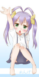 Rule 34 | 1girl, barefoot, child, eyebrows, feet, hair ornament, kazuya lolicon, looking at viewer, miyauchi renge, non non biyori, open mouth, raising hand, simple background, sitting, solo, twintails, white background