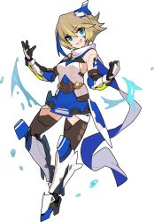 Rule 34 | 1girl, android, arm tattoo, artist request, bare shoulders, black thighhighs, blonde hair, blue eyes, blue hair, blue skirt, boots, breasts, brown hair, clenched hand, covered navel, elbow gloves, facial mark, female focus, full body, gloves, grin, hair between eyes, hands up, happy, headgear, heel up, highres, hydrokinesis, joints, knee boots, knee pads, looking at viewer, medium breasts, miniskirt, nate (world flipper), non-web source, official art, pencil skirt, scarf, shirt, short hair, sideboob, sidelocks, simple background, skirt, sleeveless, sleeveless shirt, smile, solo, standing, tattoo, teeth, thighhighs, transparent background, two-sided fabric, v-shaped eyebrows, water, white footwear, white scarf, white shirt, world flipper