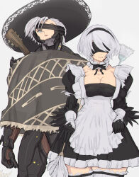 Rule 34 | 1boy, 1girl, alternate costume, apron, armor, black blindfold, black dress, black gloves, black hairband, blindfold, bow, bowtie, breasts, cleavage, crossover, cyborg, dress, enmaided, frilled dress, frills, gloves, grey background, grey eyes, grey hair, guitar, hairband, hat, highres, holding, instrument, instrument on back, large breasts, maid, maid apron, metal gear (series), metal gear rising: revengeance, nier (series), nier:automata, one eye covered, poncho, raiden (metal gear), short hair, simple background, smile, sombrero, standing, yoracrab, 2b (nier:automata)