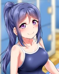 Rule 34 | 1girl, bare shoulders, blue hair, blue one-piece swimsuit, blurry, blurry background, blush, breasts, collarbone, commentary request, competition school swimsuit, long hair, looking at viewer, love live!, love live! school idol festival, love live! sunshine!!, matsuura kanan, medium breasts, one-piece swimsuit, ponytail, purple eyes, school swimsuit, shoulder blush, sidelocks, smile, solo, swimsuit, upper body, yopparai oni