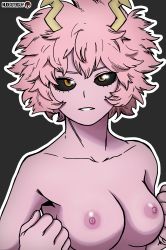 Rule 34 | 1girl, absurdres, armpits, artist name, ashido mina, black sclera, boku no hero academia, breasts, clenched hands, clenched teeth, collarbone, colored sclera, colored skin, female focus, hands up, highres, horns, looking at viewer, medium breasts, messy hair, monster girl, nilterguy, no bra, nude, nude filter, pink hair, pink skin, short hair, solo, standing, teeth, third-party edit, topless, topless frame, upper body, yellow eyes
